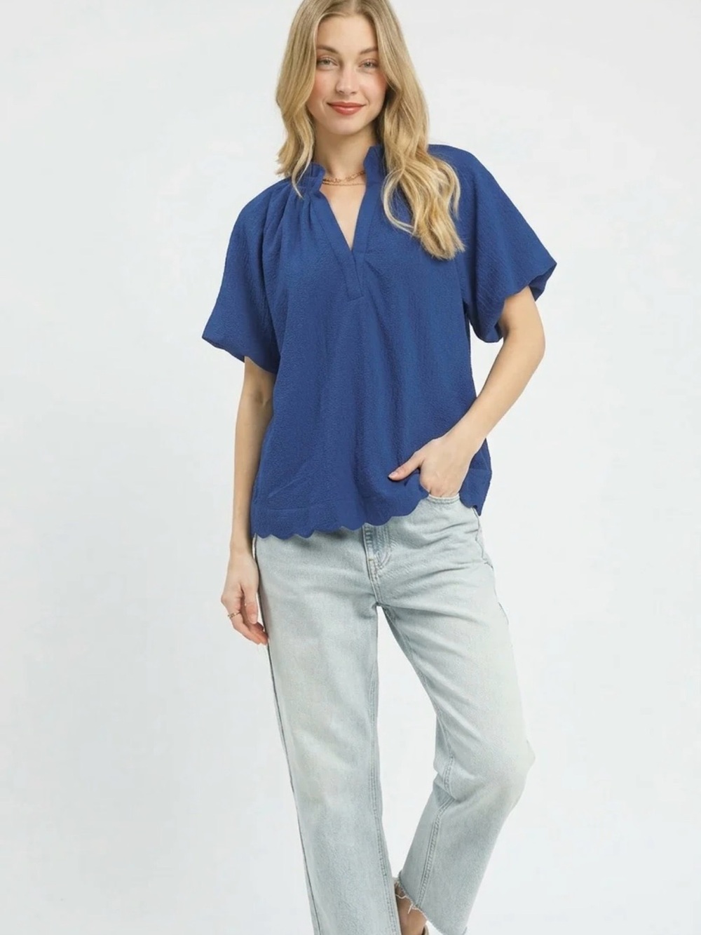 Umgee Ocean Blue Scalloped Hem Textured Blouse